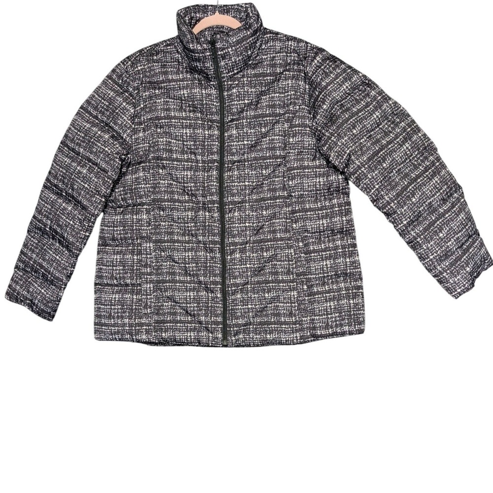 Lands End Womens XL/P Black White Crosshatch Down Puffer Jacket Full Zip Petite